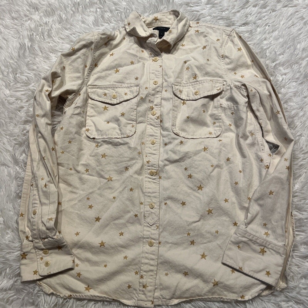 Women's J Crew Cream Heavyweight Gold Star Button Down Canvas Shirt Size Small - Picture 1 of 9